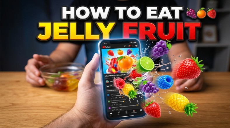 A high-quality 3D illusion YouTube thumbnail showing various colorful jelly fruits like strawberries, grapes, and pineapples bursting out of a smartphone screen with water splashes. The top features bold 3D text that reads "HOW TO EAT JELLY FRUIT."