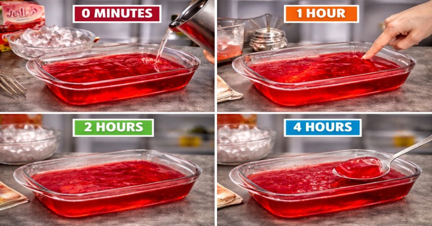 Step-by-step process showing how long Jello takes to set from liquid to firm texture at 0 minutes, 1 hour, 2 hours, and 4 hours in a glass dish