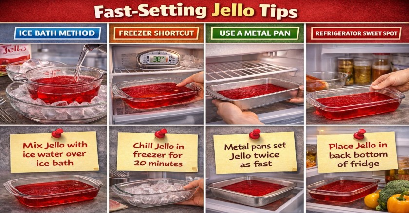 Fast setting Jello tips showing ice bath method, freezer shortcut, metal pan trick, and best refrigerator placement to make Jello set faster