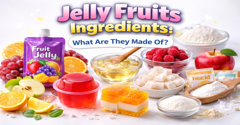 Colorful display of jelly fruits ingredients including gelatin, sugar cubes, fruit puree, citric acid, and fresh fruits on a white background