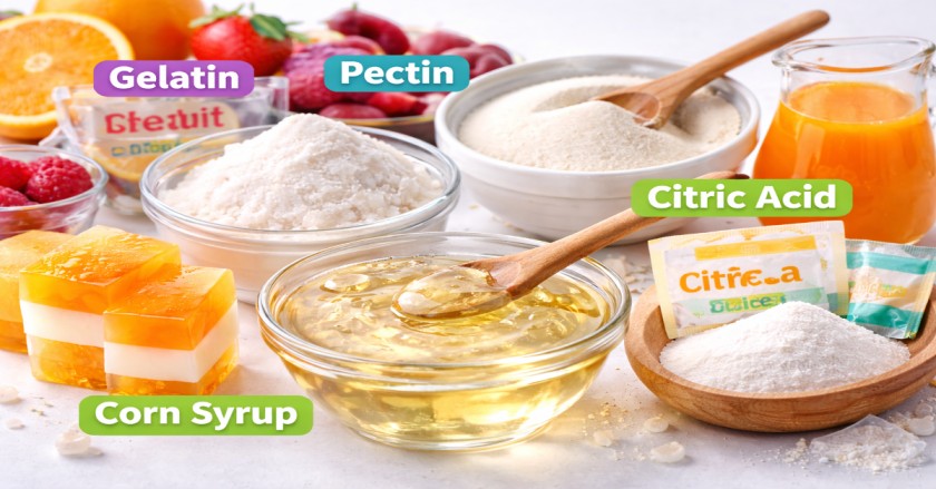 Essential jelly fruits ingredients such as gelatin powder, pectin, corn syrup, and citric acid arranged with fresh fruits on a countertop