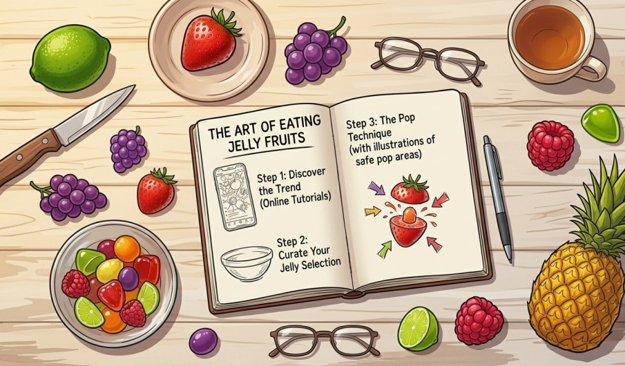"An overhead, flat-lay illustration of a wooden desk featuring an open notebook titled 'The Art of Eating Jelly Fruits.' The notebook shows illustrated steps for the jelly fruit challenge. The desk is scattered with colorful jelly fruits like grapes, strawberries, and pineapples, along with a pen, a bowl of treats, a small knife, and eyeglasses, creating a cozy and educational 'how-to' atmosphere."