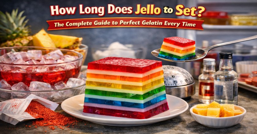 Layered rainbow jello cubes on plate with gelatin powder, timer, and ingredients showing how long jello takes to set