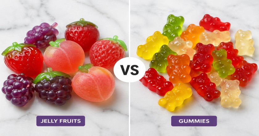 Jelly fruit vs gummies comparison showing colorful fruit-shaped jelly candies and classic gummy bears side by side