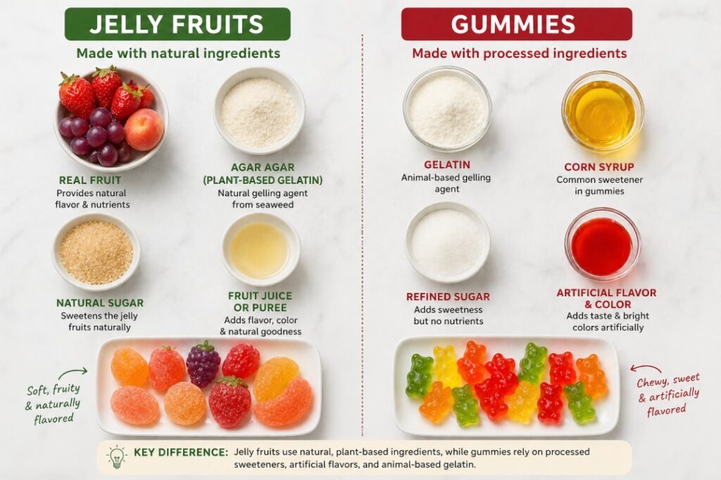 Ingredients comparison for jelly fruits and gummies showing natural vs processed components
