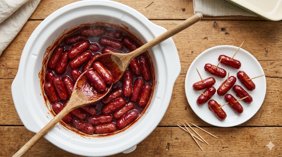 Little smokies recipe with jelly in slow cooker showing glossy grape jelly BBQ glaze