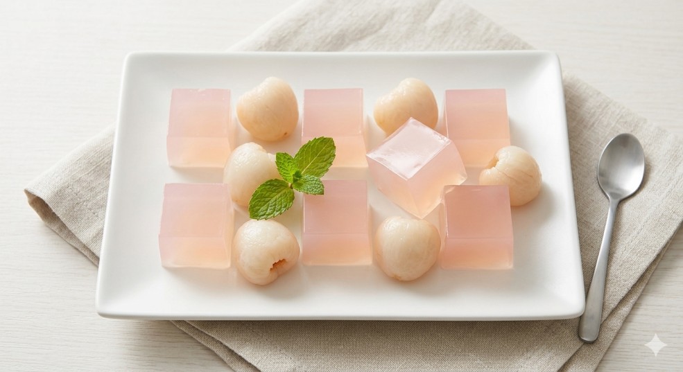 Homemade lychee jelly cubes with fresh lychee fruit and mint garnish
