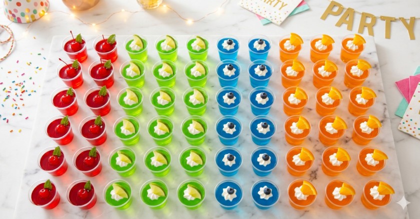 Colorful vodka jello shots in plastic cups arranged on marble surface with fruit garnishes